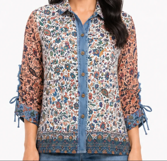 Floral Mixed Print Button-Up Blouse