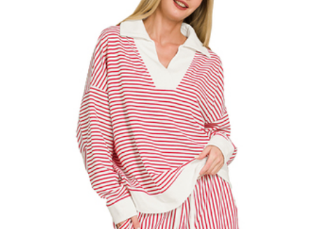 Striped Collared V-Neck Pullove