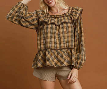 Plaid Ruffle Yoke Peplum Top