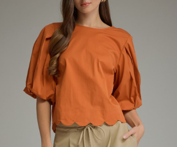 Scalloped Puff Sleeve Button-Back Top