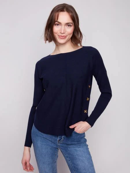Charlie B Boat Neck Sweater w/Side Buttons Detail - Navy