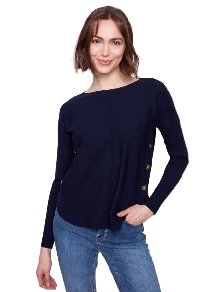 Charlie B Boat Neck Sweater w/Side Buttons Detail - Navy