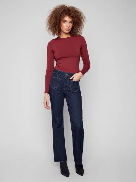 Charlie B Flare Leg Stretch Denim Pants w/Patch Pockets & Special Rivets Deep Blue