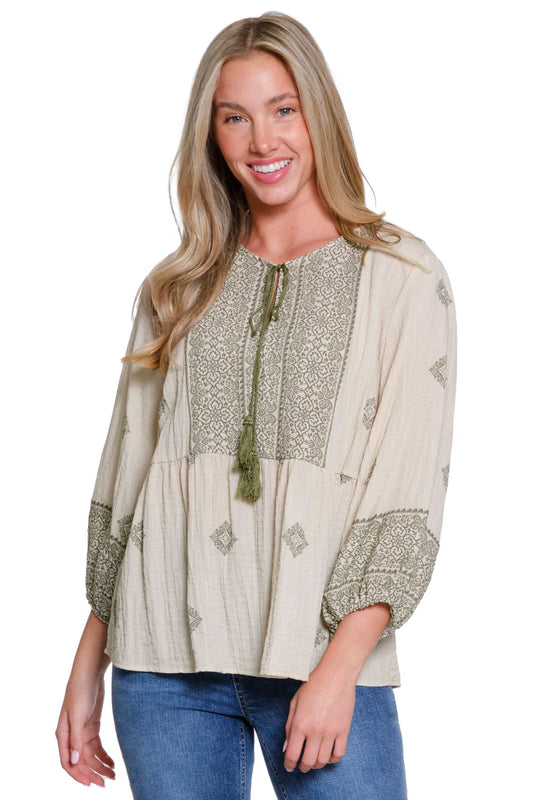Tie Neck Peasant Top - Sage
