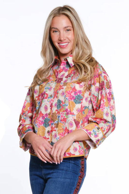 Boxy Floral Print Button-Up Shirt - Multi
