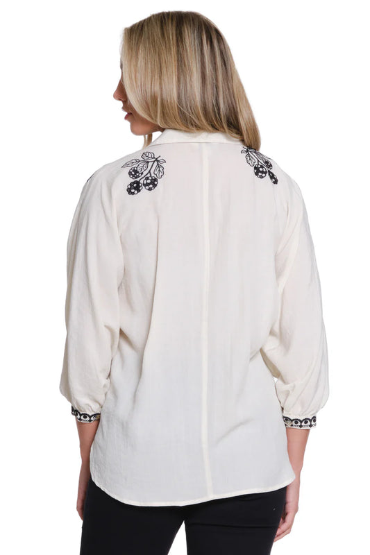 Tru Luxe Embroidered Dolman Sleeve Button-Up Shirt - Ivory
