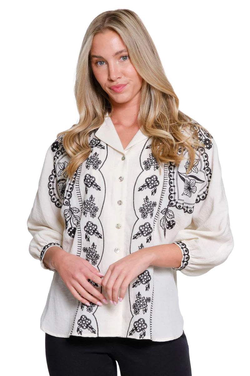 Tru Luxe Embroidered Dolman Sleeve Button-Up Shirt - Ivory