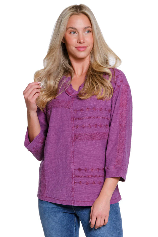 Embroidered Slub Knit Top - Grape