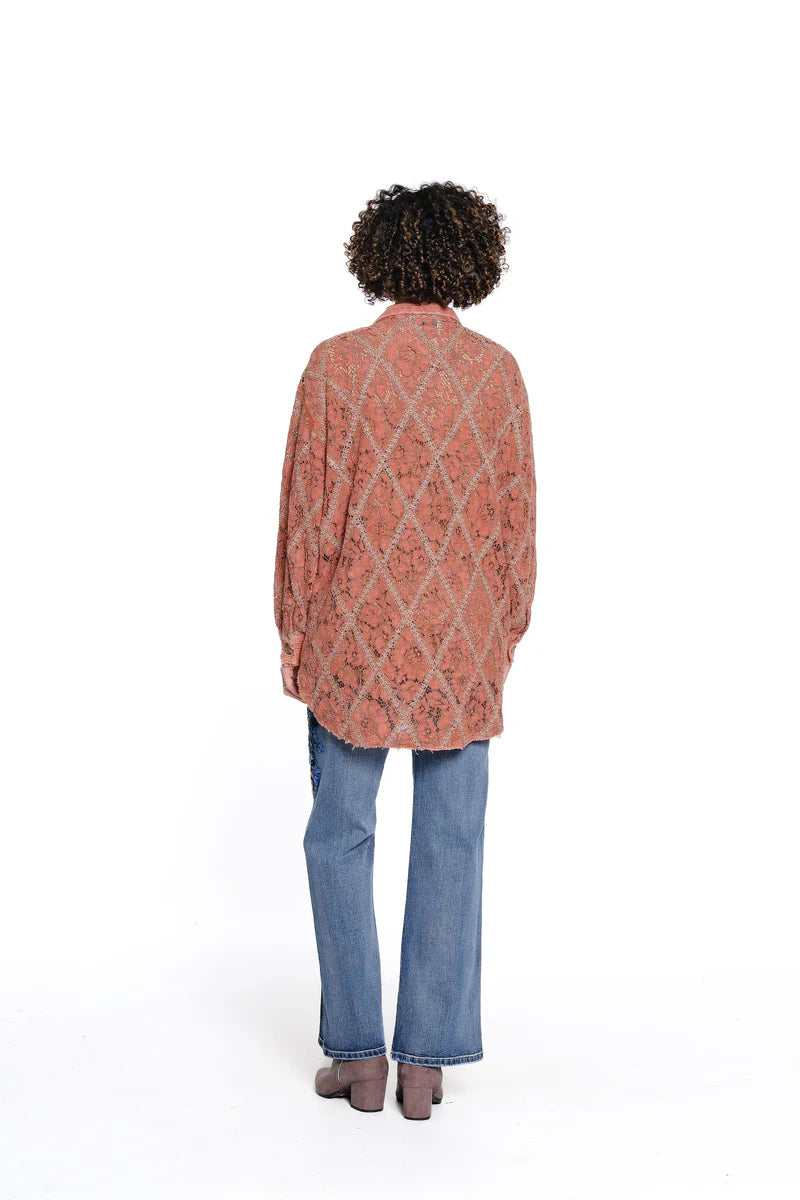 Lace Patch Button Up Top - Rust