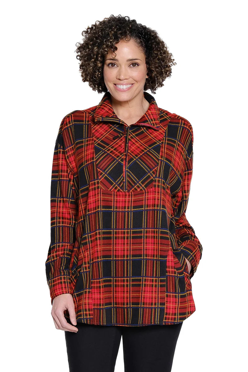 Half Zip Plaid Shirt - Red Plaid