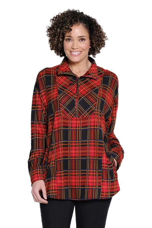 Half Zip Plaid Shirt - Red Plaid