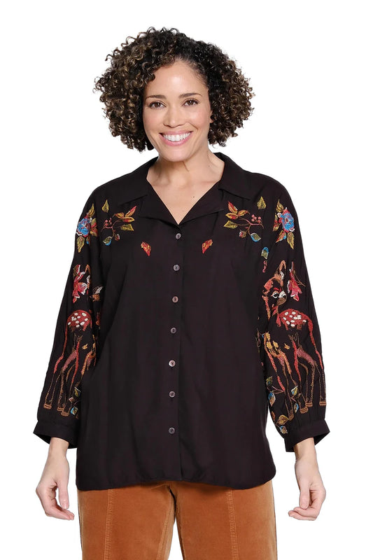 Dolman Sleeve Embroidered Top - Black