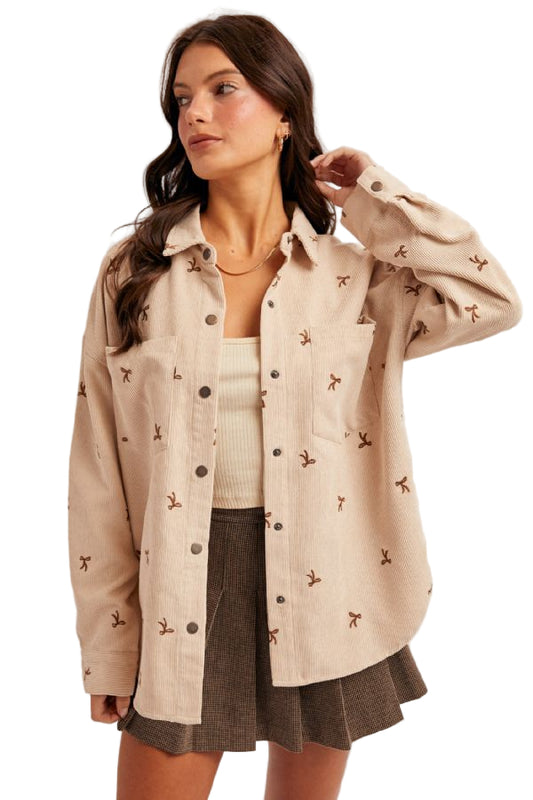 BOW EMBROIDERY CORDUROY BUTTON DOWN SHIRT