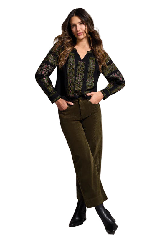 Tribal Long Sleeve Blouse with Embroidery in Black