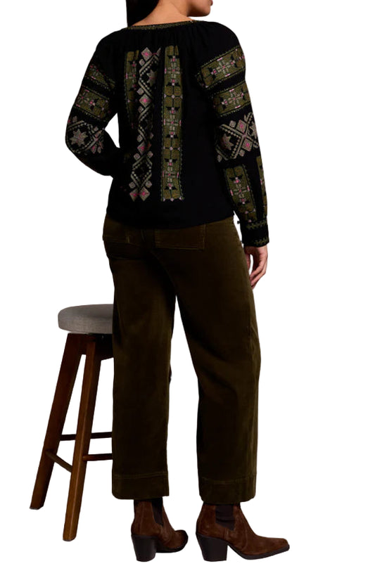 Tribal Long Sleeve Blouse with Embroidery in Black