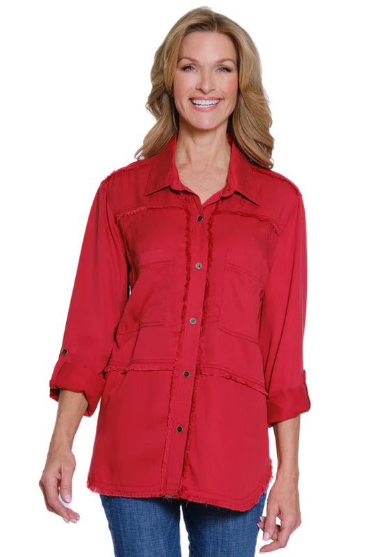 Multiples Solid Twill Shirt with Fringe Detail - Chili Pepper