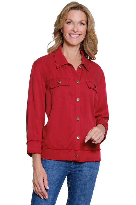 Multiples Fringe Hem Jean Jacket - Chili Pepper