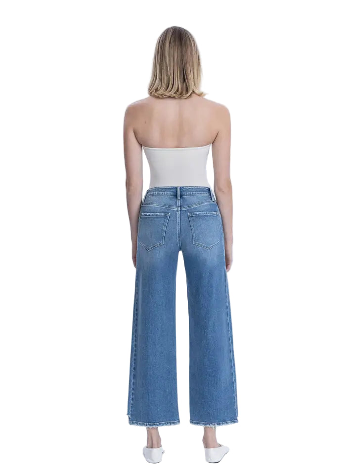 High Rise Side Panel Step Hem Ankle Wide Jeans