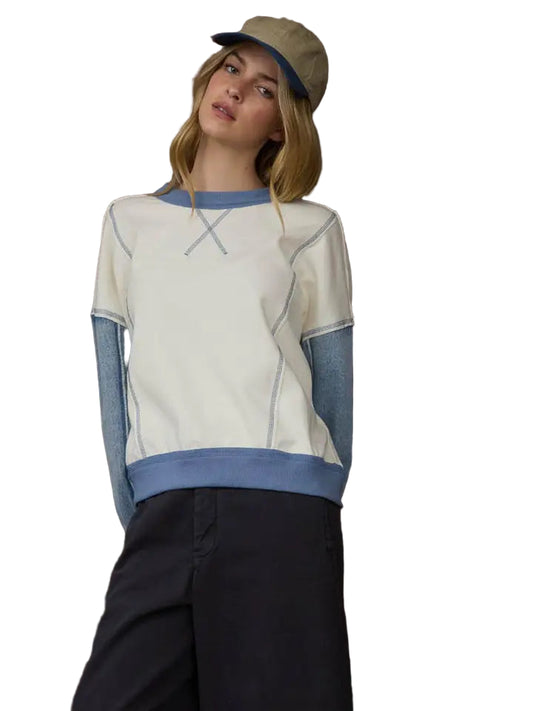 Mix Media Denim Sleeve Knit Top - Denim