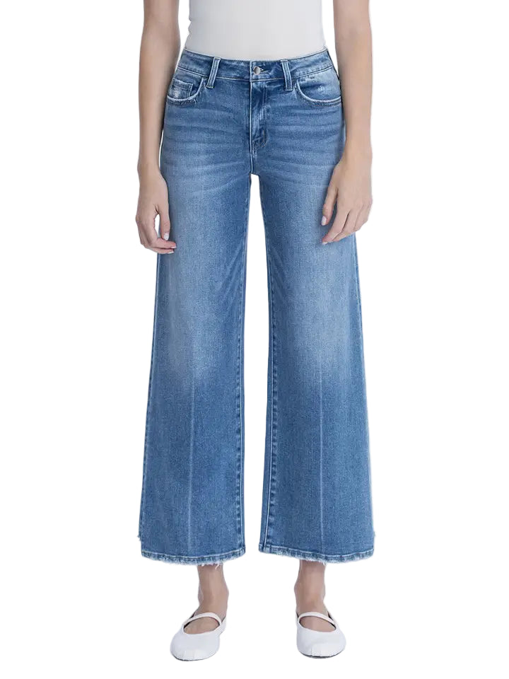 High Rise Side Panel Step Hem Ankle Wide Jeans