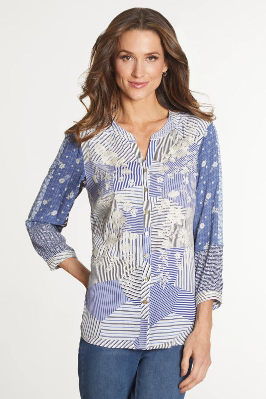 Mixed Print Embroidered Tunic - Blue