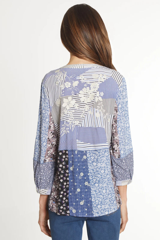 Mixed Print Embroidered Tunic - Blue