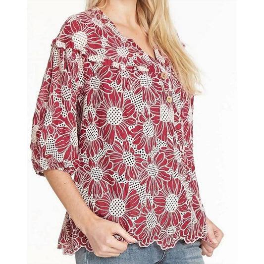 Tru Luxe Floral Embroidered Blouse - Garnet