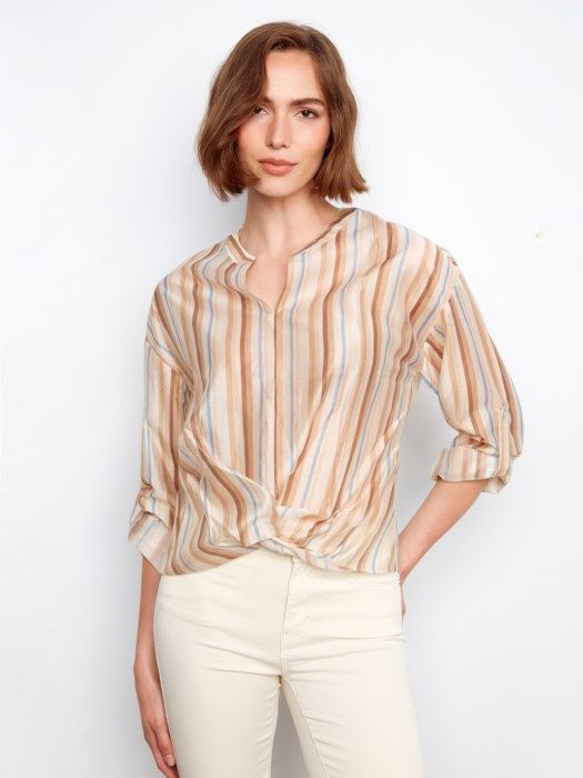 Printed Roll Sleeve Split Neck Blouse