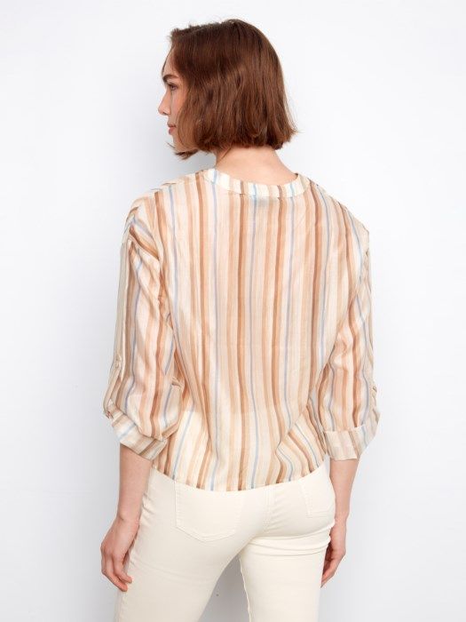 Printed Roll Sleeve Split Neck Blouse