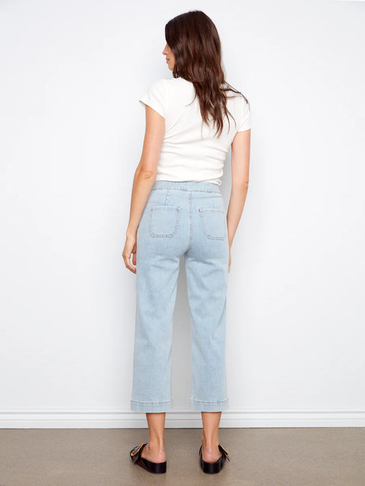 Wide Leg Side Button Stretch Denim Pants