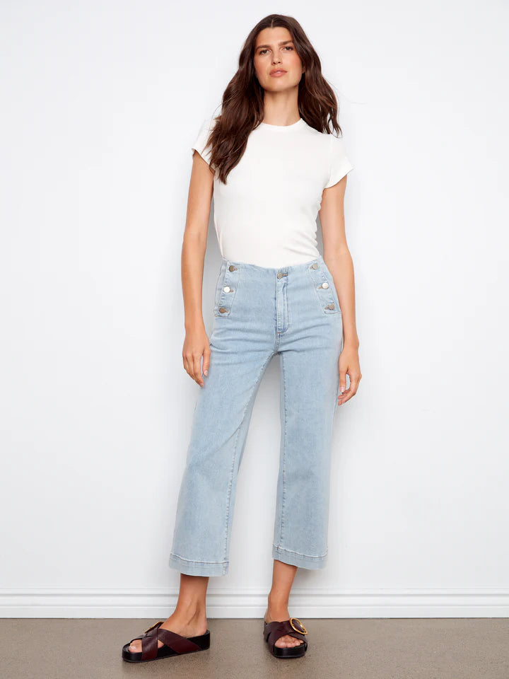 Wide Leg Side Button Stretch Denim Pants