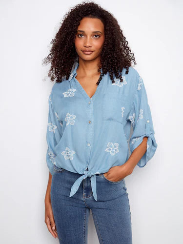 Embroidered Tencel Blouse With Front Tie