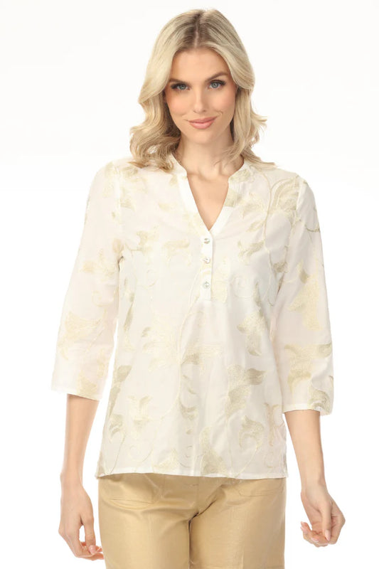 Gold Embroidered Roll-Up Popover Blouse ~ C4188T-222C