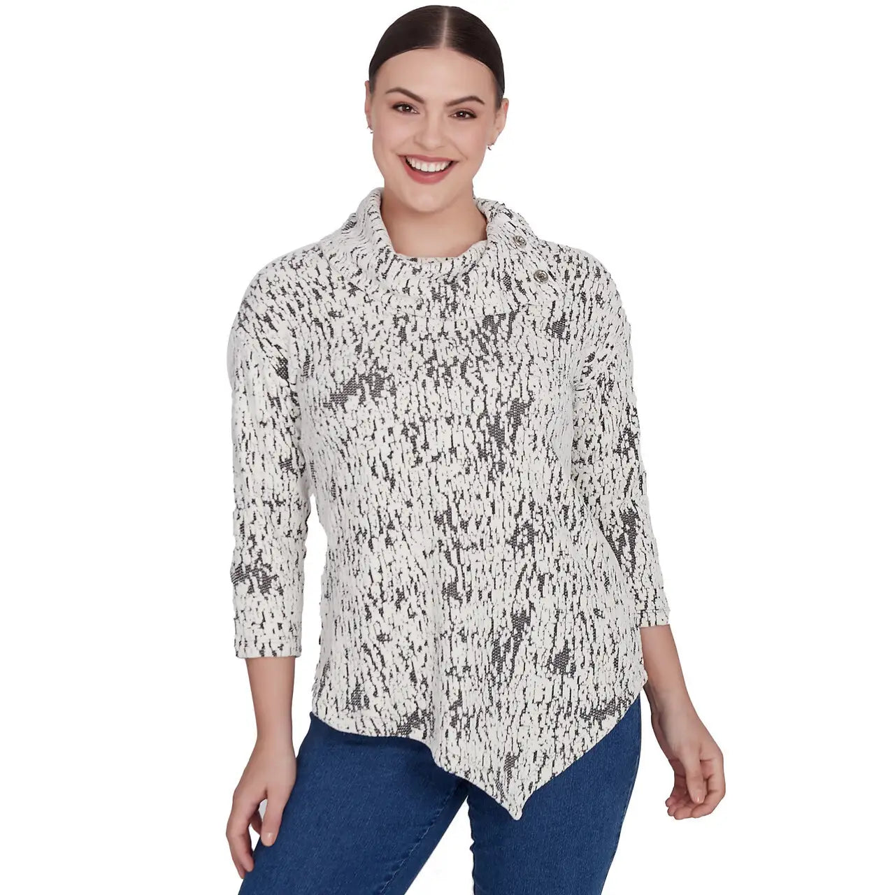 Ruby Rd. Women's Split Cowl Chenille Jacquard Knit Top - White/Blk