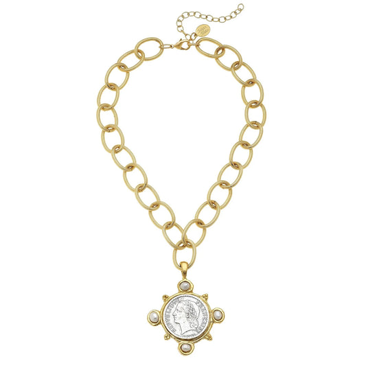 Gold Coin & Pearl Accent Statement Necklace