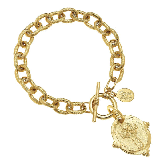 Gold Cross Medallion Toggle Bracelet