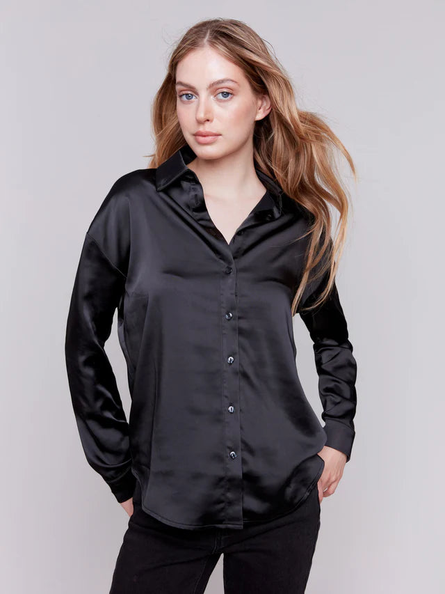 +Solid Satin Button-Down Shirt