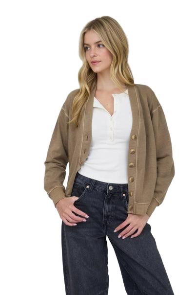 Washed Detail Button Down Long Sleeve Cardigan