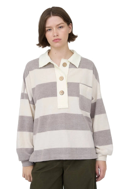 Washed Stripe Contrast Collar Long Sleeve Knit Top