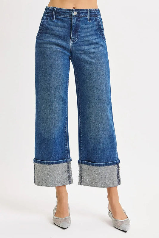 High Rise Ankle Cuff Rhinestone Jean