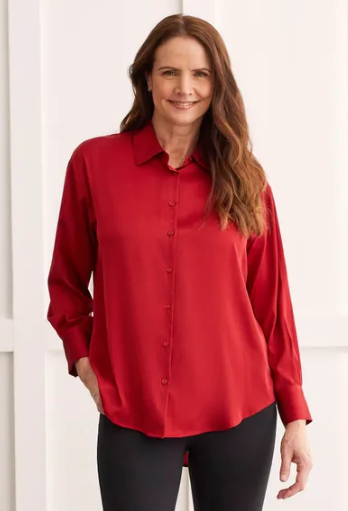 Tribal Satin Button Down- Earth Red