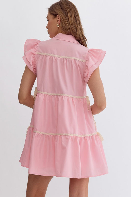 Pink Flutter Sleeve Button-Down Dress