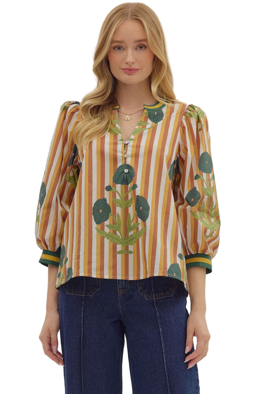 Striped floral print 3/4 sleeve top featuring front button closure and contrast cuffs