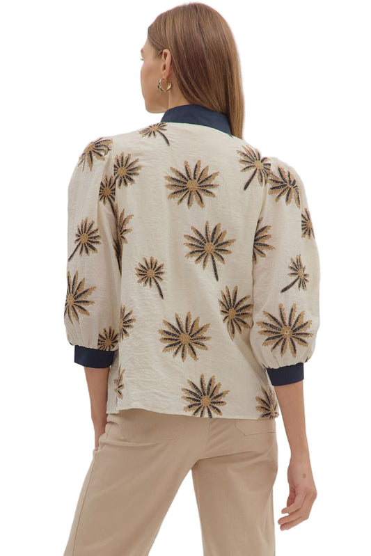 Botanical embroidery 3/4 puff sleeve top featuring contrast V-neck band