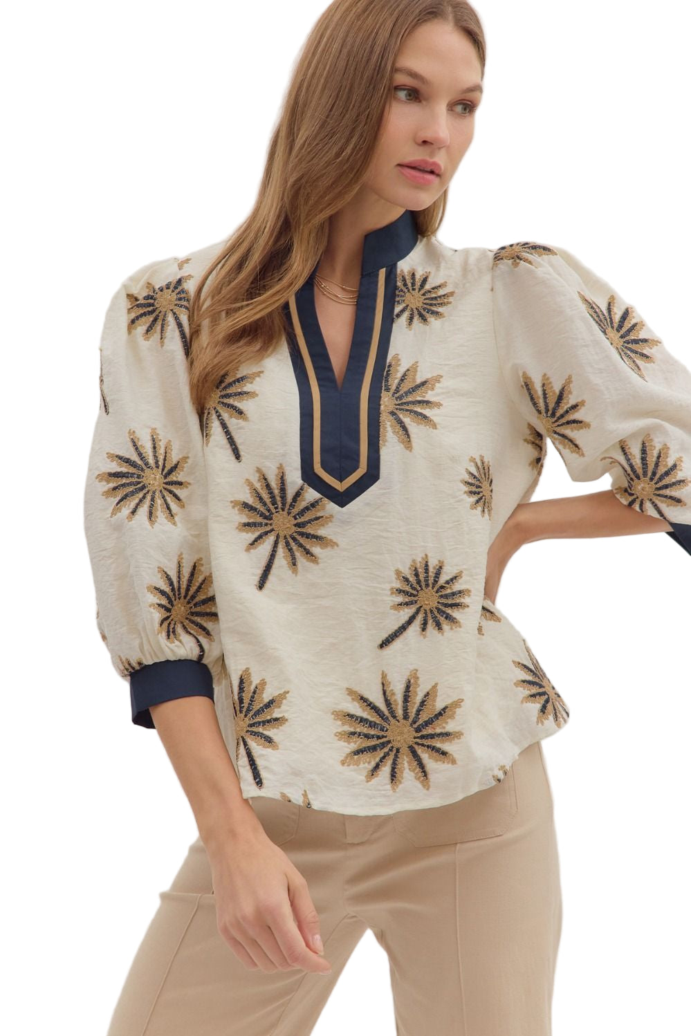 Botanical embroidery 3/4 puff sleeve top featuring contrast V-neck band
