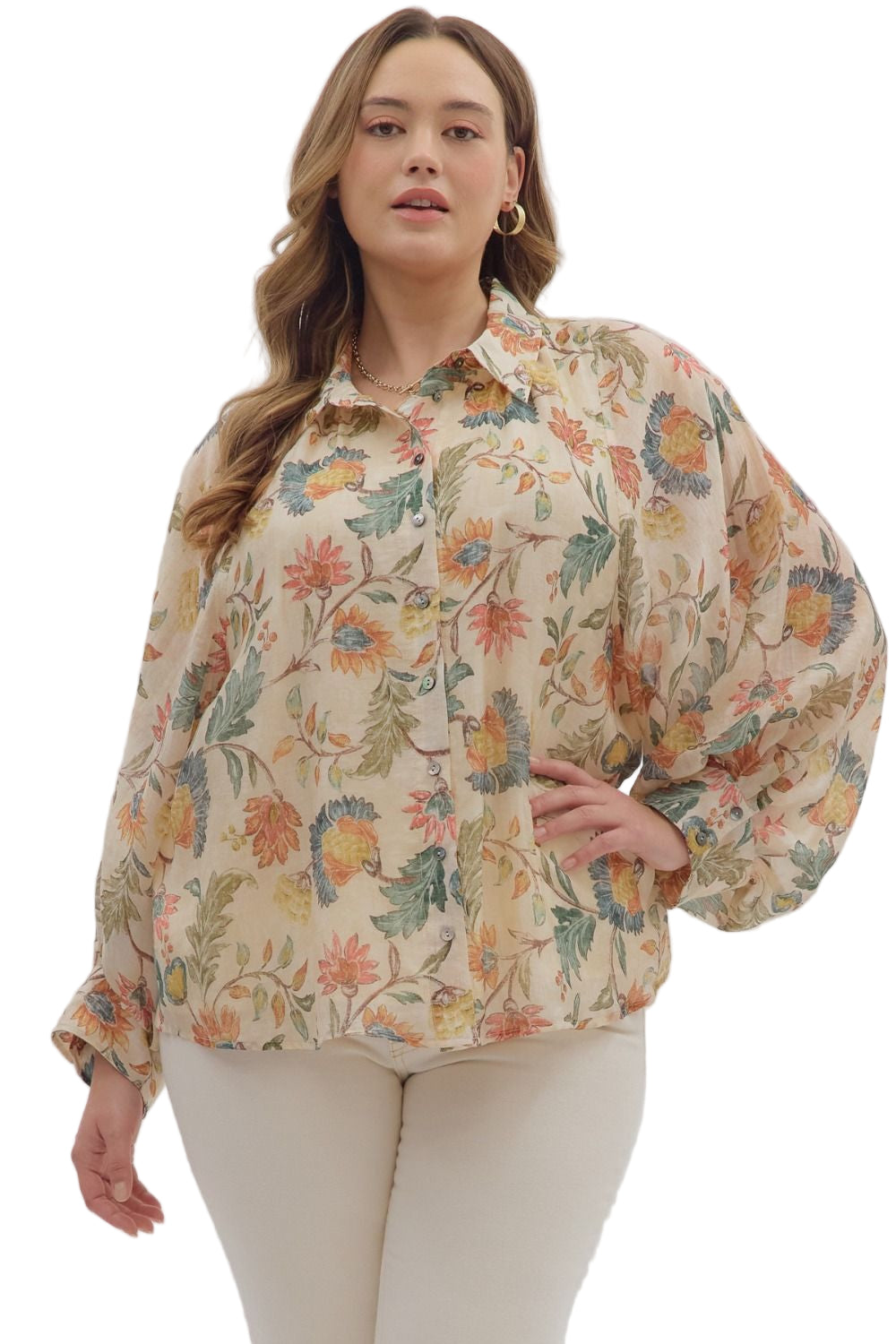 Floral print long sleeve button-down top featuring dropped shoulders