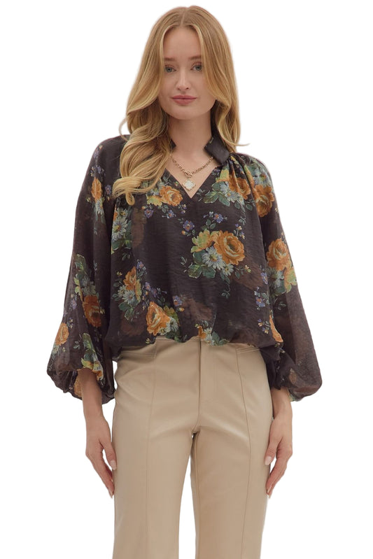 Floral print long puff sleeve top - chocolate