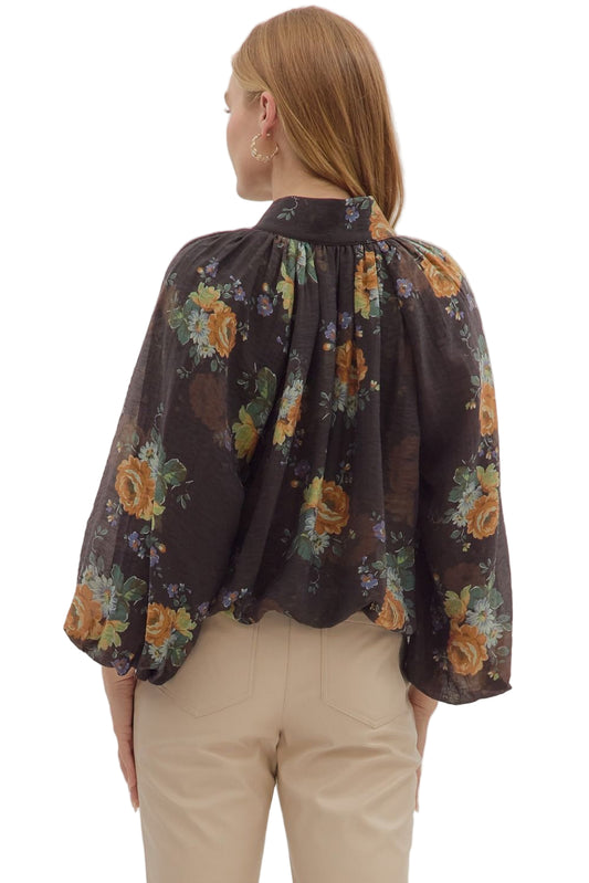 Floral print long puff sleeve top - chocolate