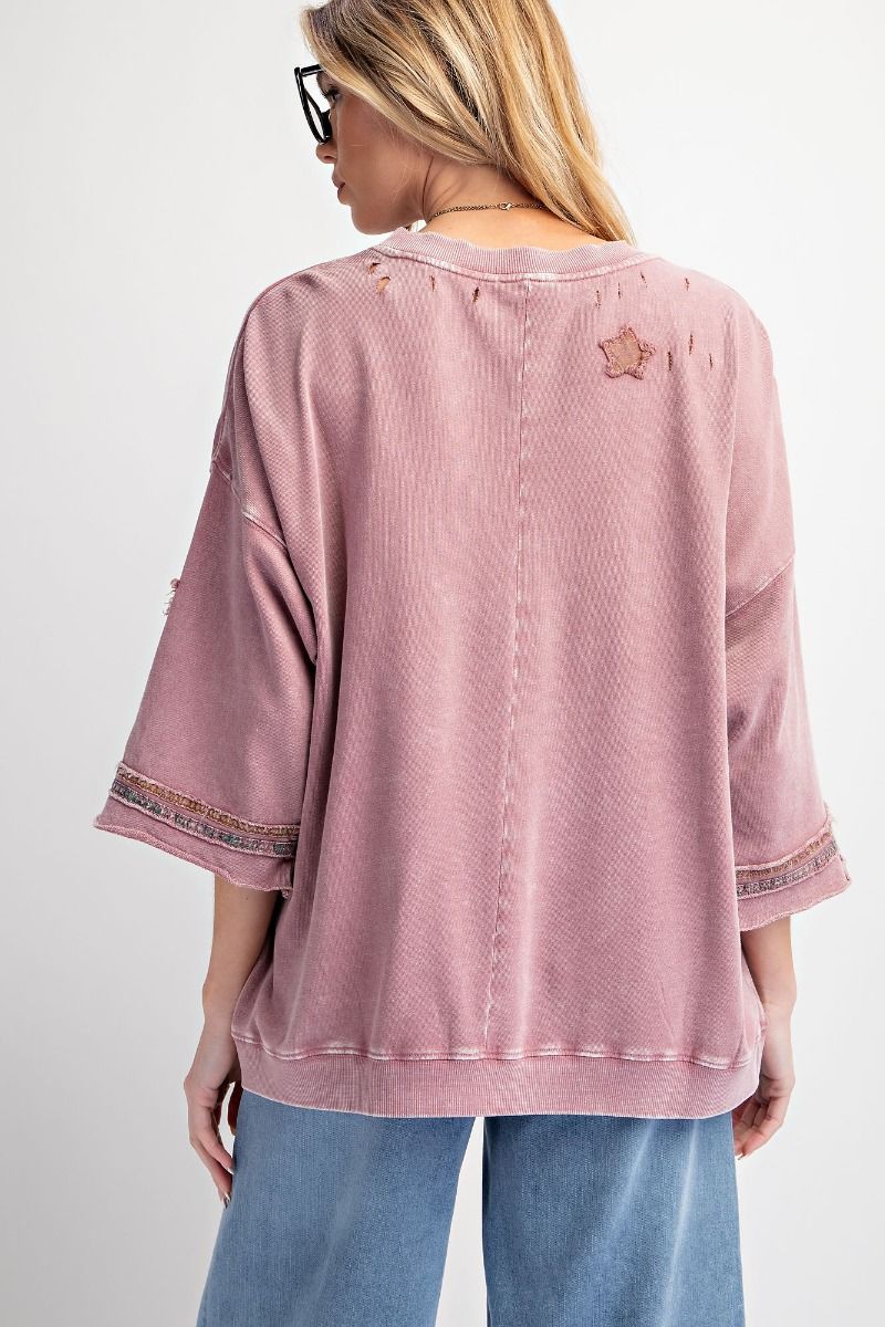 Patch Work Distressed Mineral Wash Terry Knit Top - Faded Plum