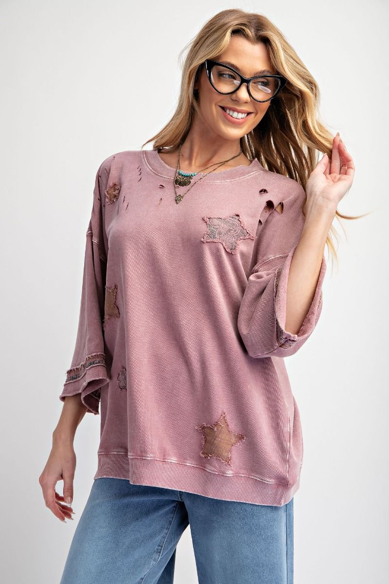 Patch Work Distressed Mineral Wash Terry Knit Top - Faded Plum